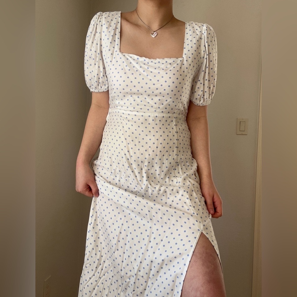 GB White blue polka dot slit maxi dress with tie open back
